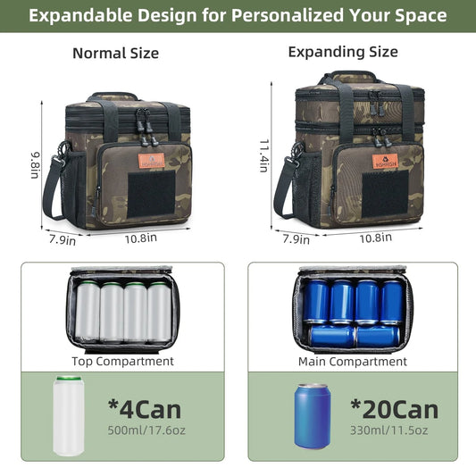 Holuxer Expandable Insulated Lunch Box for Men, Large Durable Thermal Lunch Bag with Shoulder Strap, Soft Leakproof Cooler Bags for Work Outdoor Picnic Trips, 20 Can/16 L, Camo, Mesh