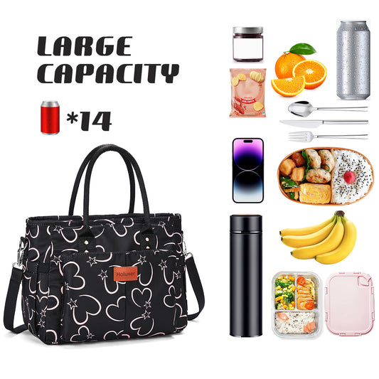 Holuxer Cute Lunch Bags for Women, Insulated Lunch Box for Work, Large Leakproof Cooler Purse with Side Pockets & Removable Shoulder Strap Womens Handbag Tote Bag for Shopping Picnic Beach (Love)
