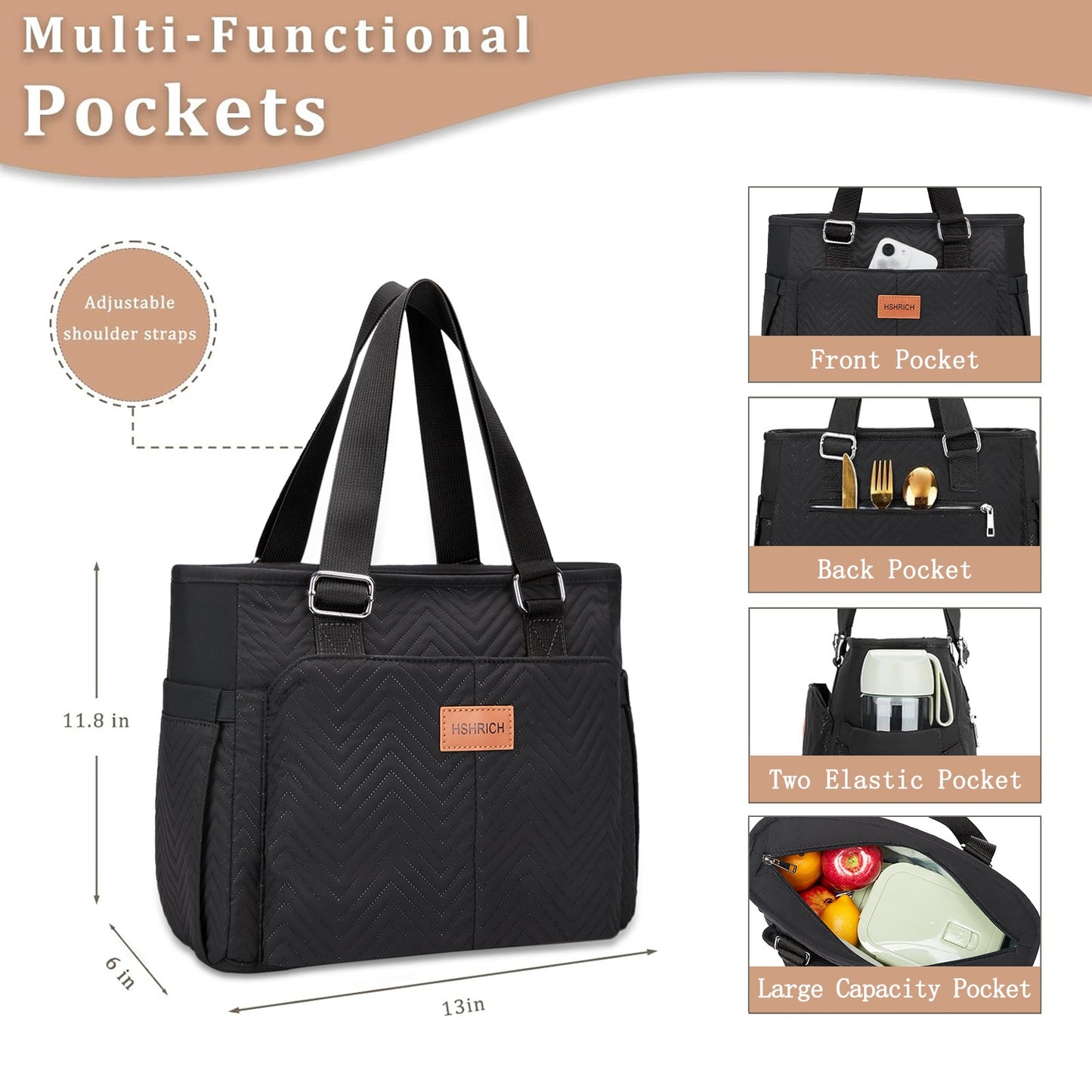 Holuxer Insulated Lunch Box for Women, 12L Lunch Totes Oxford Handbags, Leakproof Shoulder Bags, Fashion Tote Cooler Bag with Storage Front Pocket for Work Picnic, Black