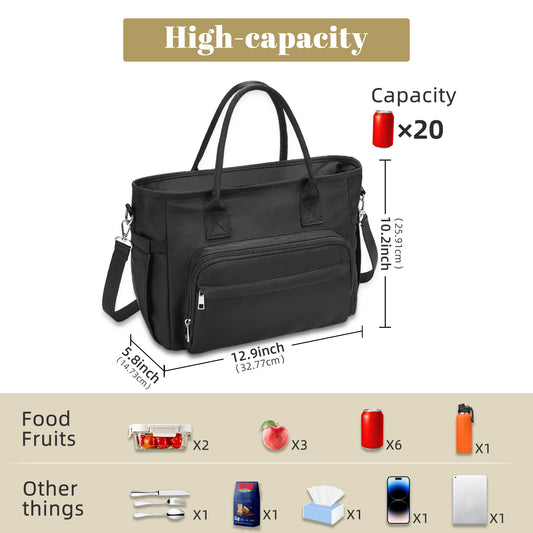 Holuxer Insulated Lunch Bag for Women, Fashion Handbag Lunch Tote Box, Reusable Thermal Cooler Bags with Shoulder Strap, Leakproof Storage Pockets for Working Shopping Picnic 12L, Black