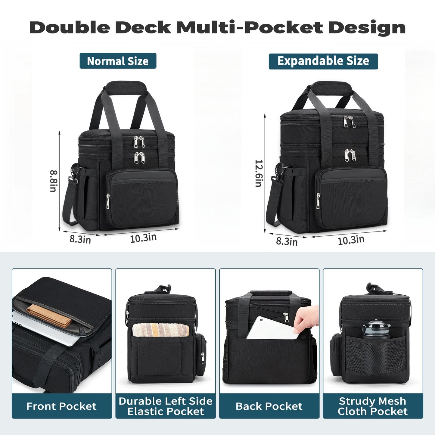 Holuxer Insulated Lunch Box for Men, Double Deck Reusable Lunch Bags for Women Tote Cooler Bag Leakproof Soft Expandable, Large Lunchbox for Work/Adult/Picnic/Outdoor Black-15L
