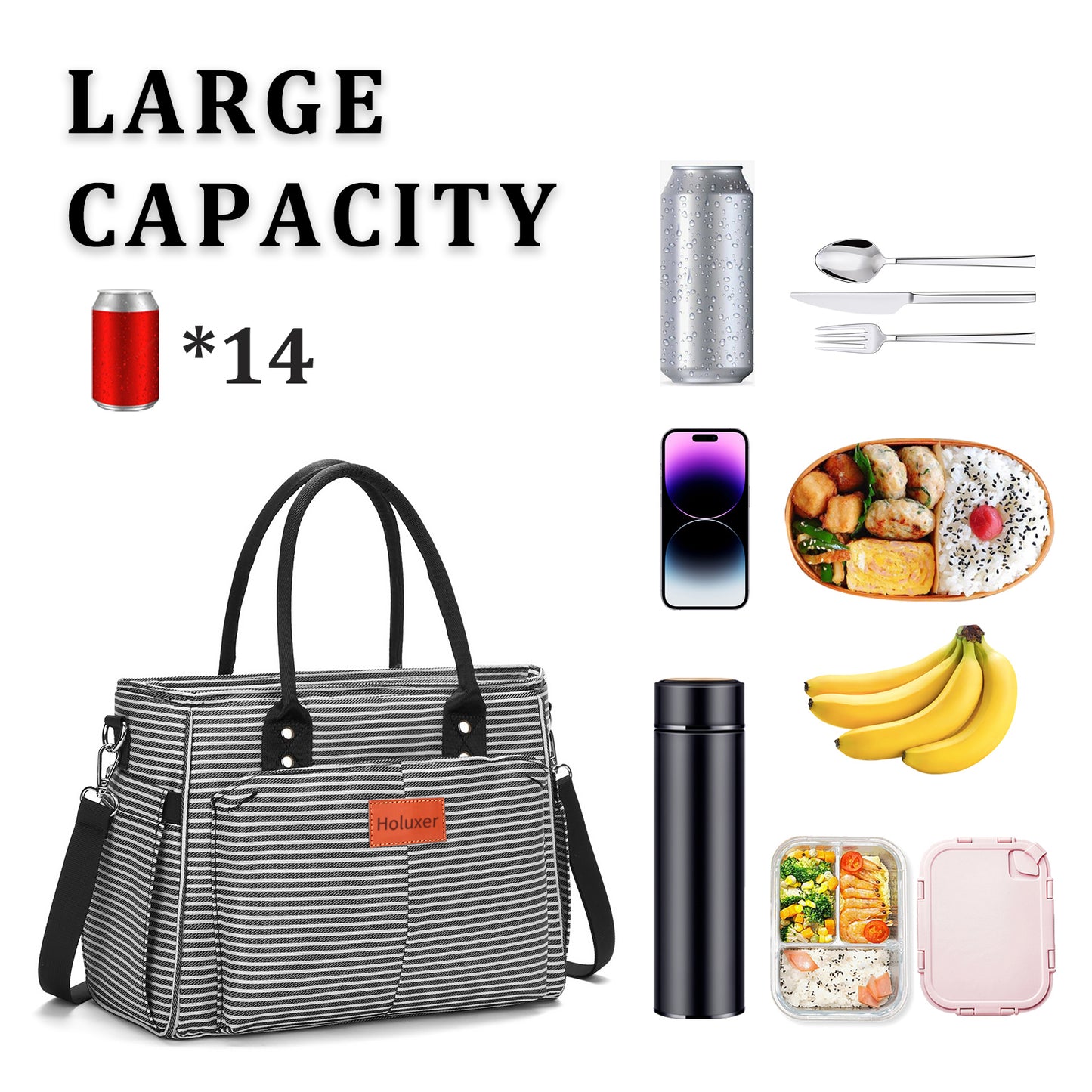 Holuxer Lunch Box for Women Cute Insulated Lunch Bags, Large Leakproof Cooler Purse with Side Pockets & Removable Shoulder Strap Womens Lunch Tote Bag for Work Picnic Beach (Stripe)