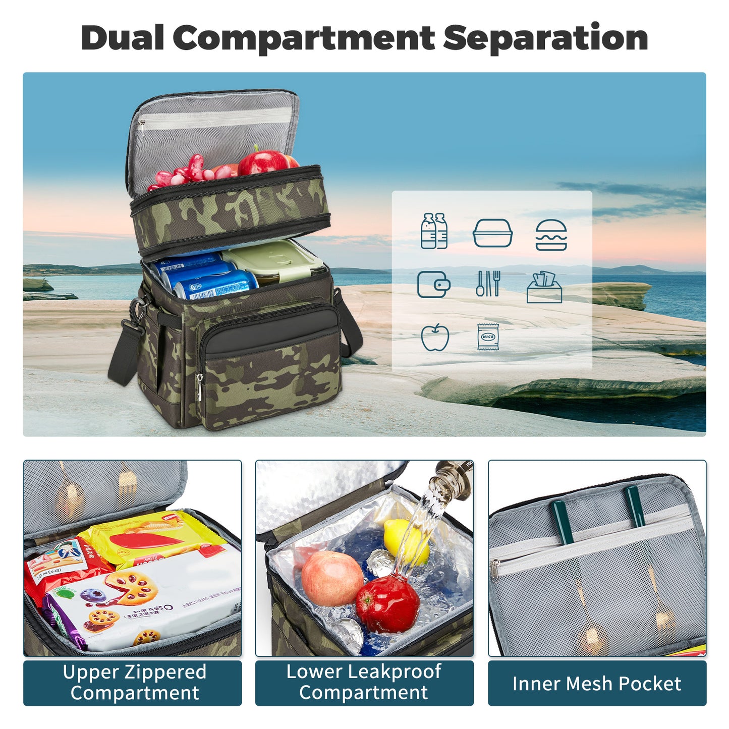 Holuxer Insulated Lunch Bag with Side Pocket for Women/Men-Double Deck Reusable Lunch Bags, Lunch Box Tote Cooler Bag Leakproof Soft Expandable-Large Lunchbox for Work/Adult/Picnic/Outdoor 15L-Camo