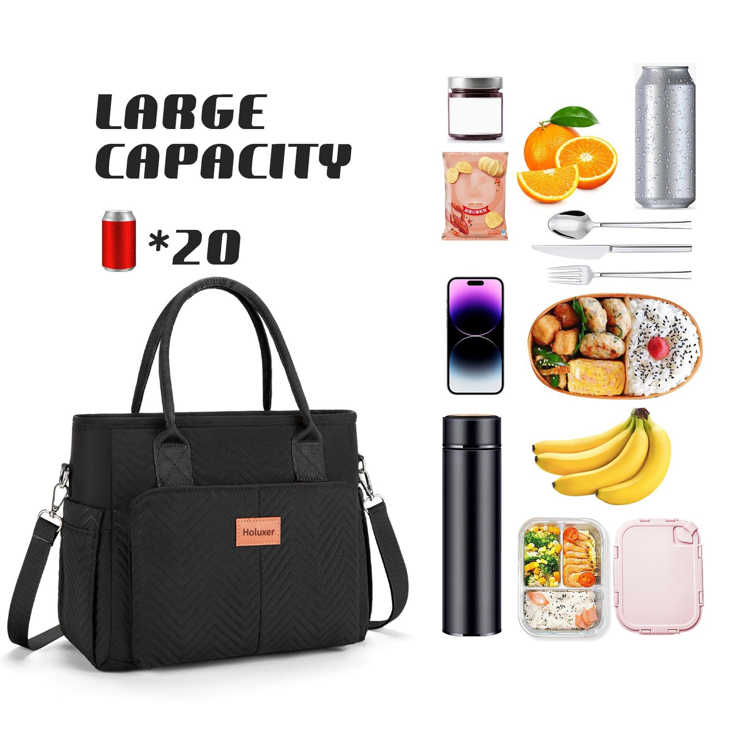 Holuxer Lunch Bags for Women, Insulated Lunch Box for Work, Large Leakproof Cooler Purse with Side Pockets & Removable Shoulder Strap Women's Lunch Tote Bag for Picnic Work Beach Lunch Bags, Black