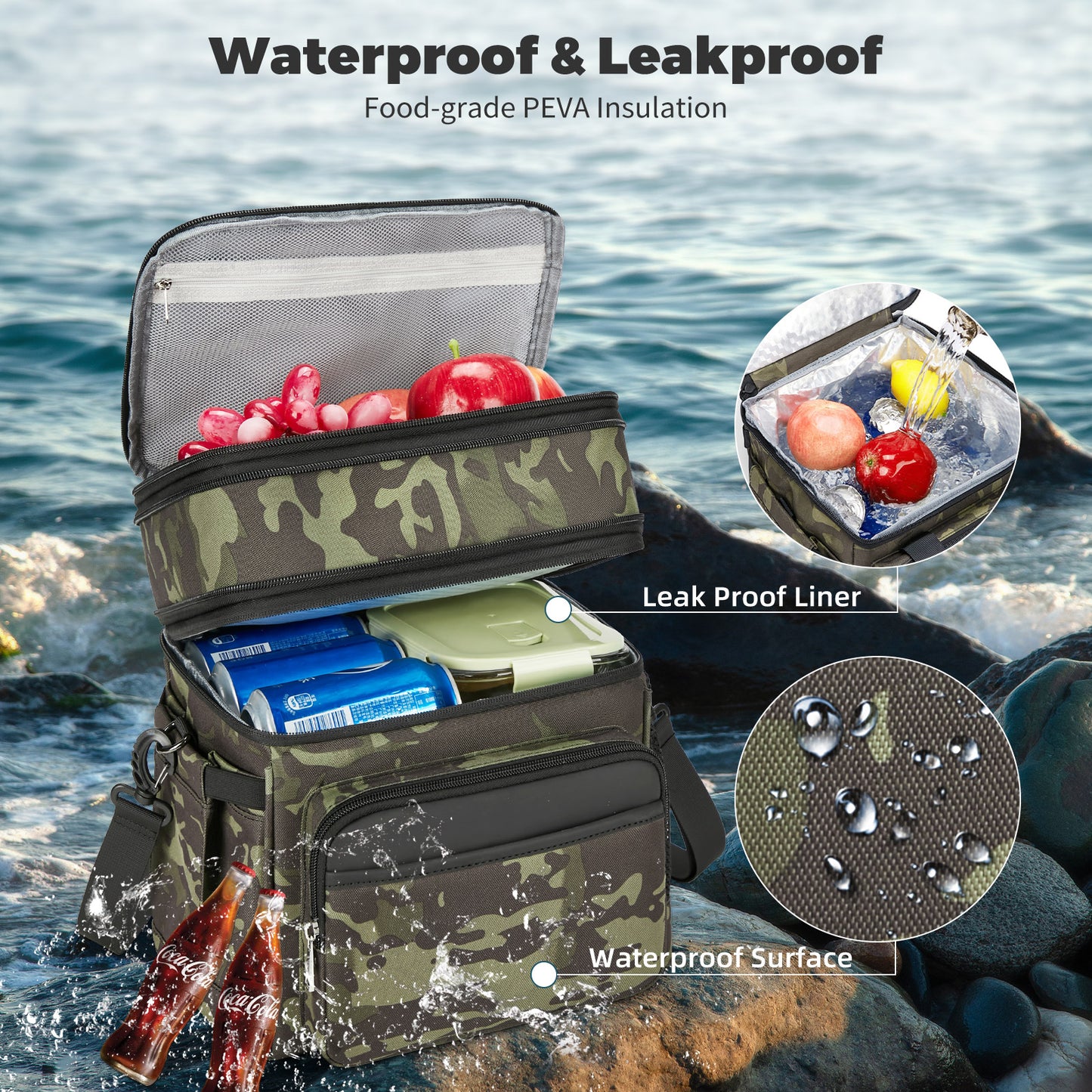 Holuxer Insulated Lunch Bag with Side Pocket for Women/Men-Double Deck Reusable Lunch Bags, Lunch Box Tote Cooler Bag Leakproof Soft Expandable-Large Lunchbox for Work/Adult/Picnic/Outdoor 15L-Camo