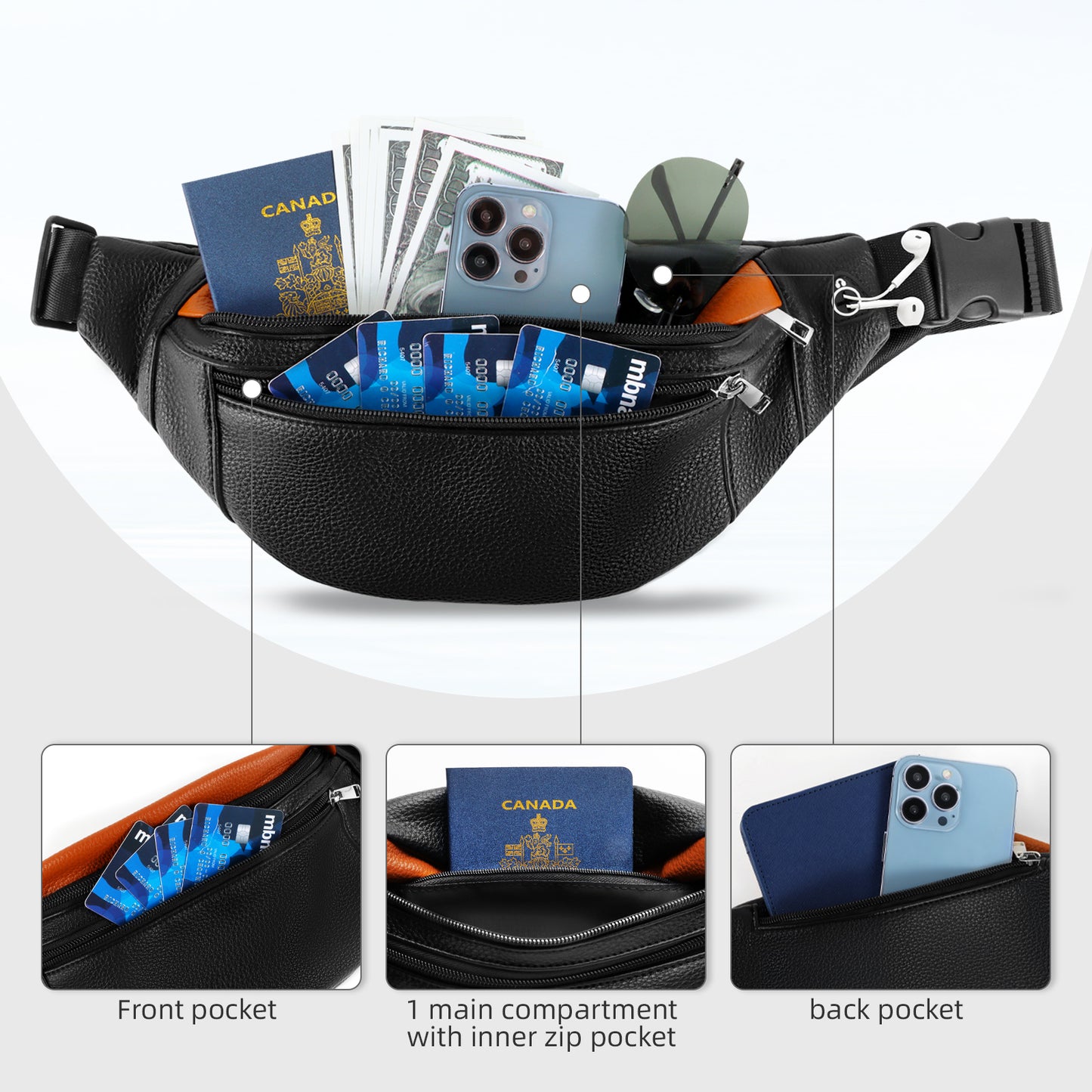 Holuxer Leather Fanny Pack Waist Packs for Women/Men, Fashion Waterproof Waist Bag with Adjustable Belt for Travel Sports Running black