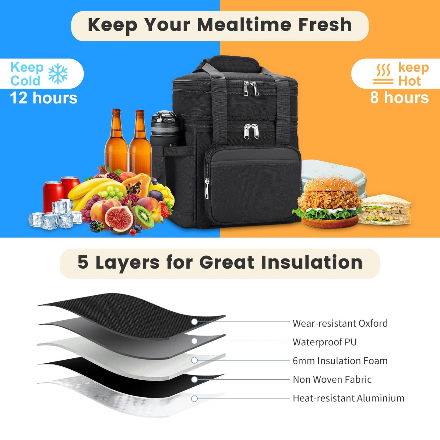 Holuxer Insulated Lunch Box for Men, Double Deck Reusable Lunch Bags for Women Tote Cooler Bag Leakproof Soft Expandable, Large Lunchbox for Work/Adult/Picnic/Outdoor Black-15L