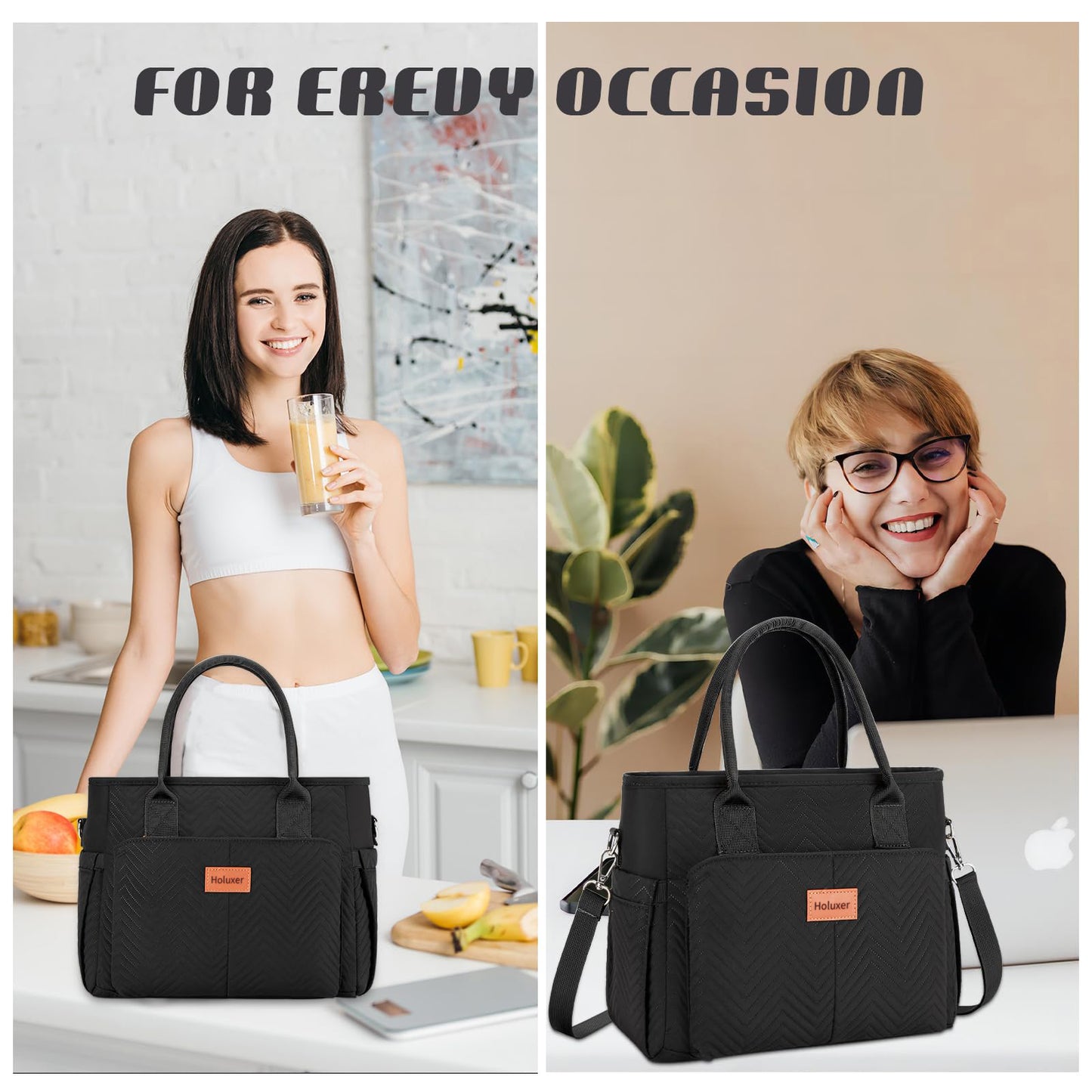Holuxer Lunch Bags for Women, Insulated Lunch Box for Work, Large Leakproof Cooler Purse with Side Pockets & Removable Shoulder Strap Women's Lunch Tote Bag for Picnic Work Beach Lunch Bags, Black