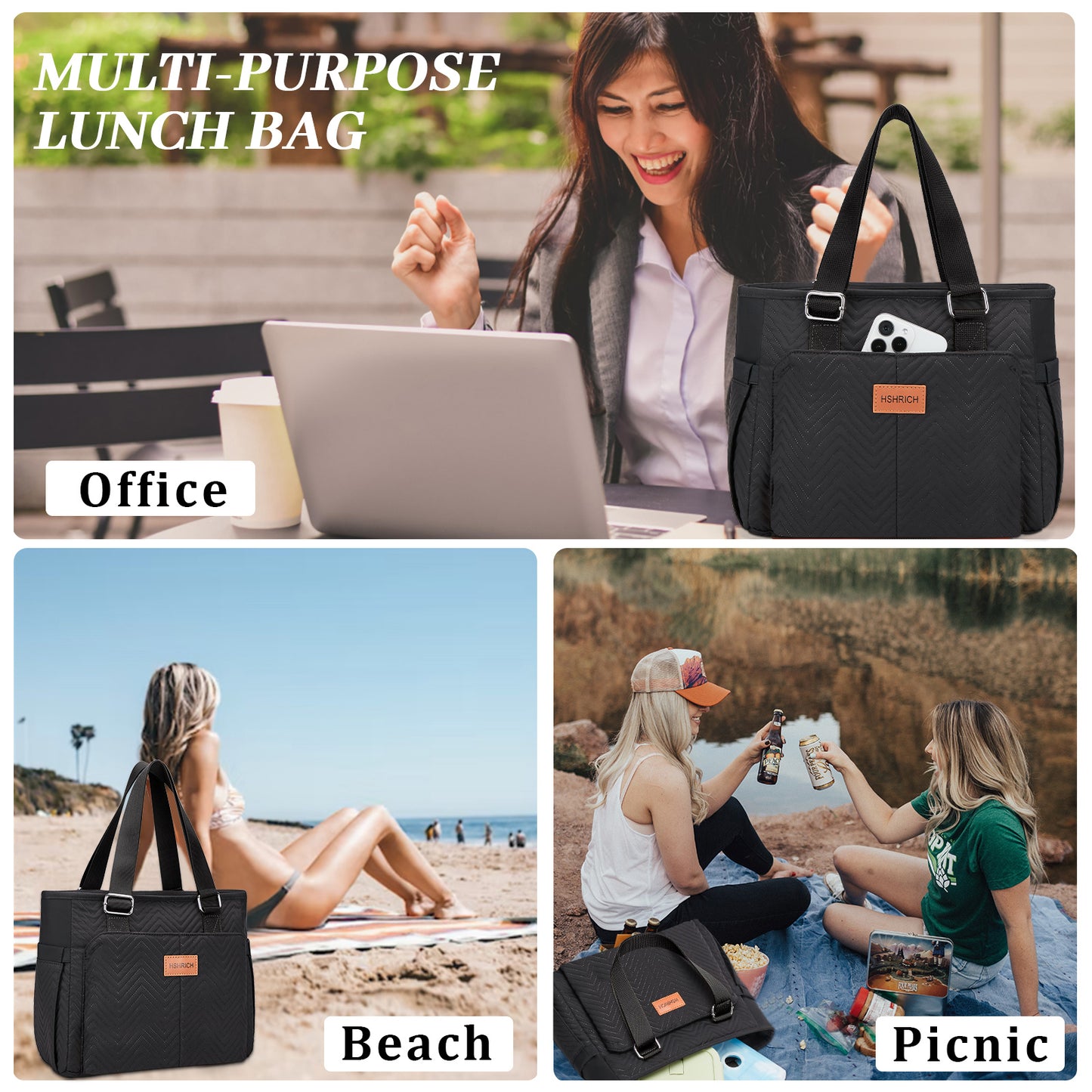 Holuxer Insulated Lunch Box for Women, 12L Lunch Totes Oxford Handbags, Leakproof Shoulder Bags, Fashion Tote Cooler Bag with Storage Front Pocket for Work Picnic, Black