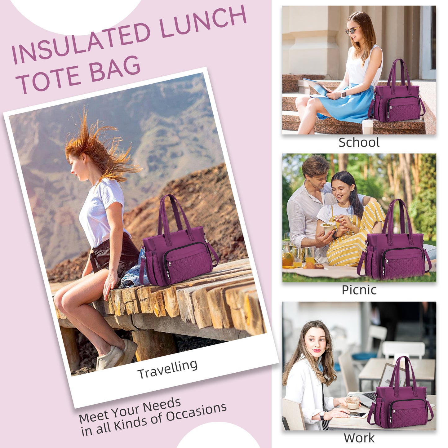 Holuxer Large Lunch box for Women, Insulated Lunch Tote Bag, Reusable Portable Woman Lunch Boxes, Leakproof Cooler Bags Weekender Pocket Fashion Lunchbox Handbags for Work Picnic Beach, Purple
