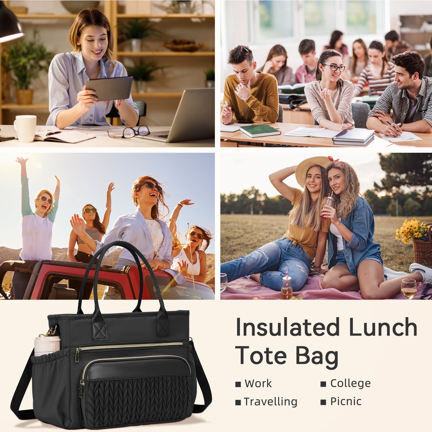 Holuxer Large Lunch Bag for Women Adult Lunchbox Purse for Work, 14L Leakproof Cooler Lunchbag Box for Woman Picnic Beach, Insulated Tote Bags (Black)