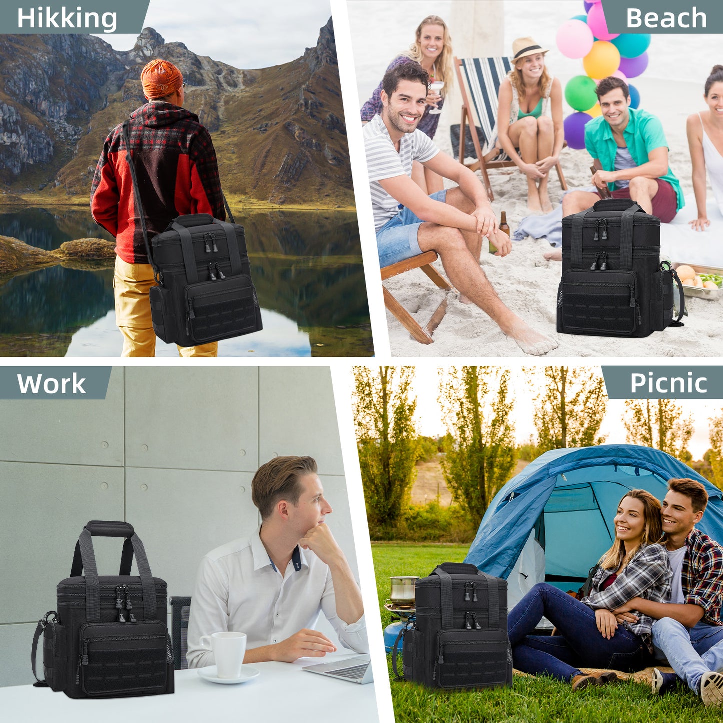 Holuxer Insulated Tactical Lunch Box for Men, 24 Can Double Deck Expandable Lunch Bag for Work Travel Daytrip Picnic Camping, Large Fashion Cooler Bags with Adjustable Shoulder Strap Organizer Black