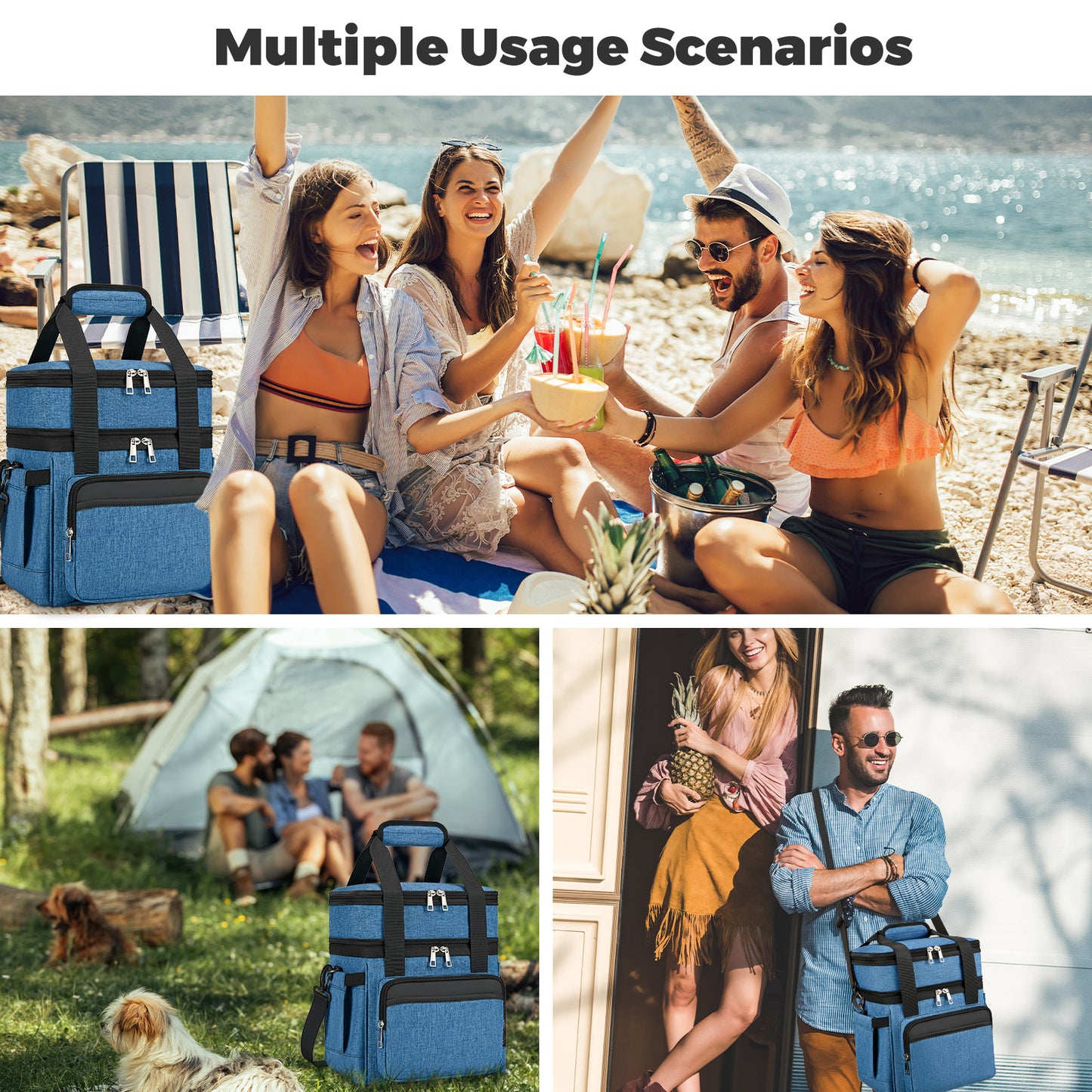 Holuxer Insulated Lunch Bags with Side Pocket for Women/Men-Double Deck Reusable Lunch Bag, Lunch Box Tote Cooler Bag Leakproof Soft Expandable-Large Lunchbox for Work/Adult/Picnic/Outdoor 15L-Blue