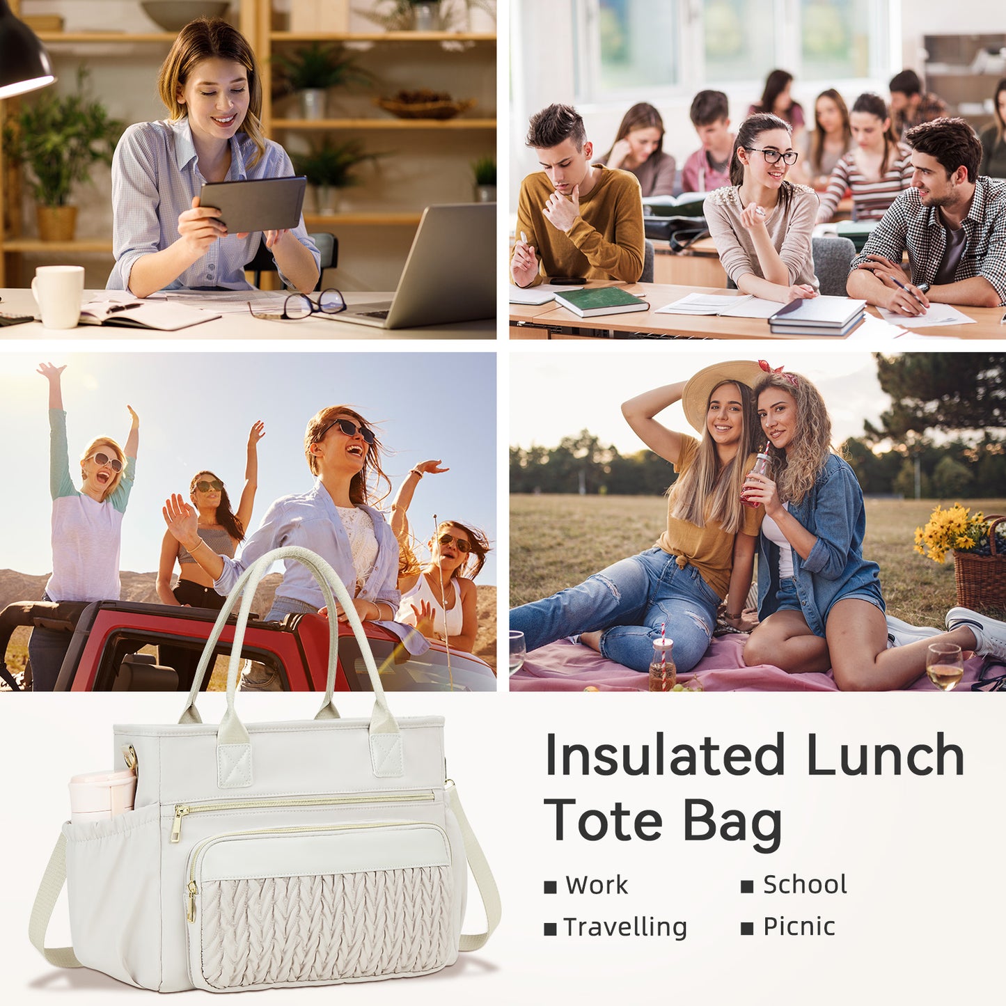 Holuxer Insulated Lunch Bag for Women Lunch Tote Bags for Work Adult Large Leakproof Cooler Bag for Picnic Beach, Reusable Lunch Box Purse with Adjustable Shoulder Strap Cup Holder (14L, Gray)
