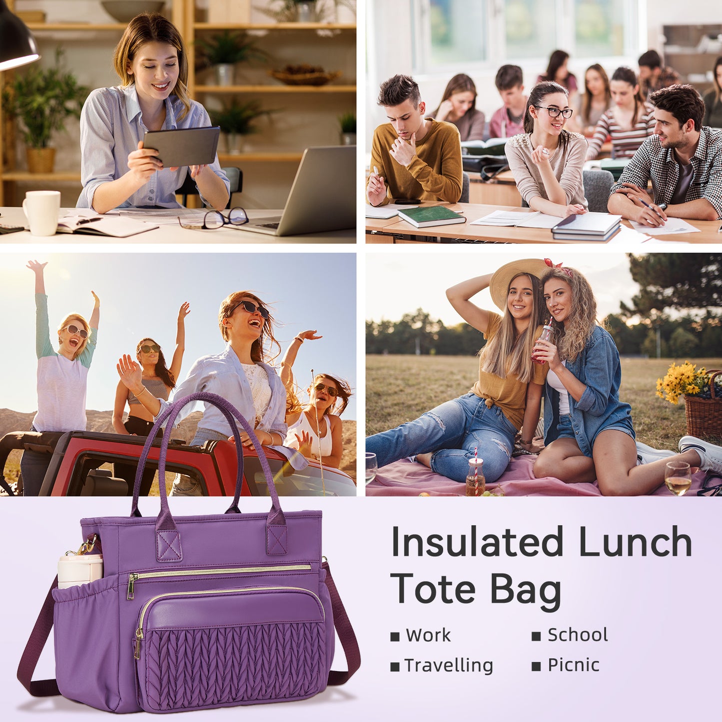 Holuxer Insulated Lunch Bag Women, 14L Adult Lunch Box Womens, Large Leakproof Cooler Bag for Work Picnic Beach, Reusable Lunch Tote Bag with Adjustable Shoulder Strap Cup Holder (Purple)