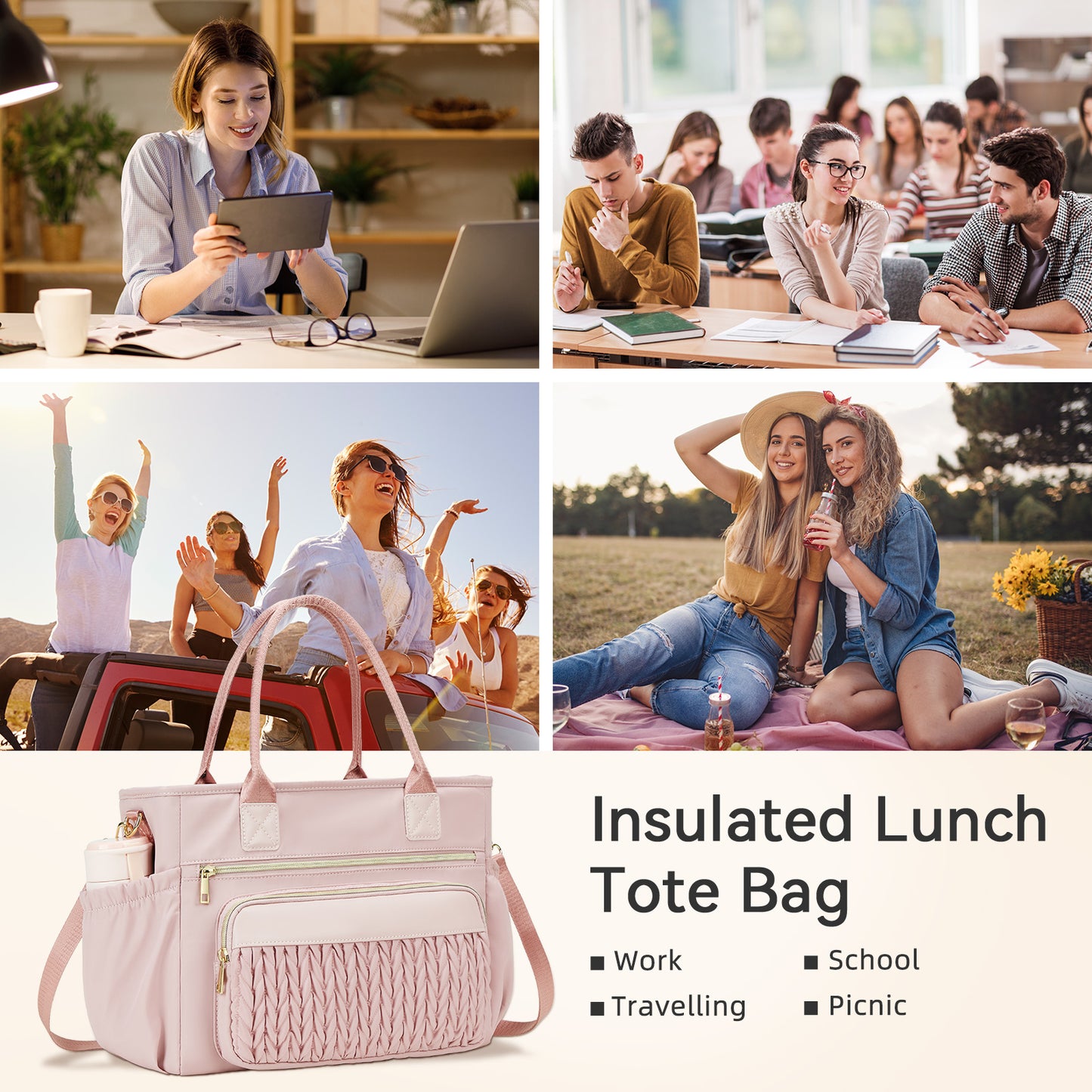 Holuxer Insulated Lunch Bag Women, Adult Lunchbox Womens, Large Leakproof Cooler Bag for Work Picnic Beach, Reusable Lunch Tote Bags with Adjustable Shoulder Strap Cup Holder (Pink)