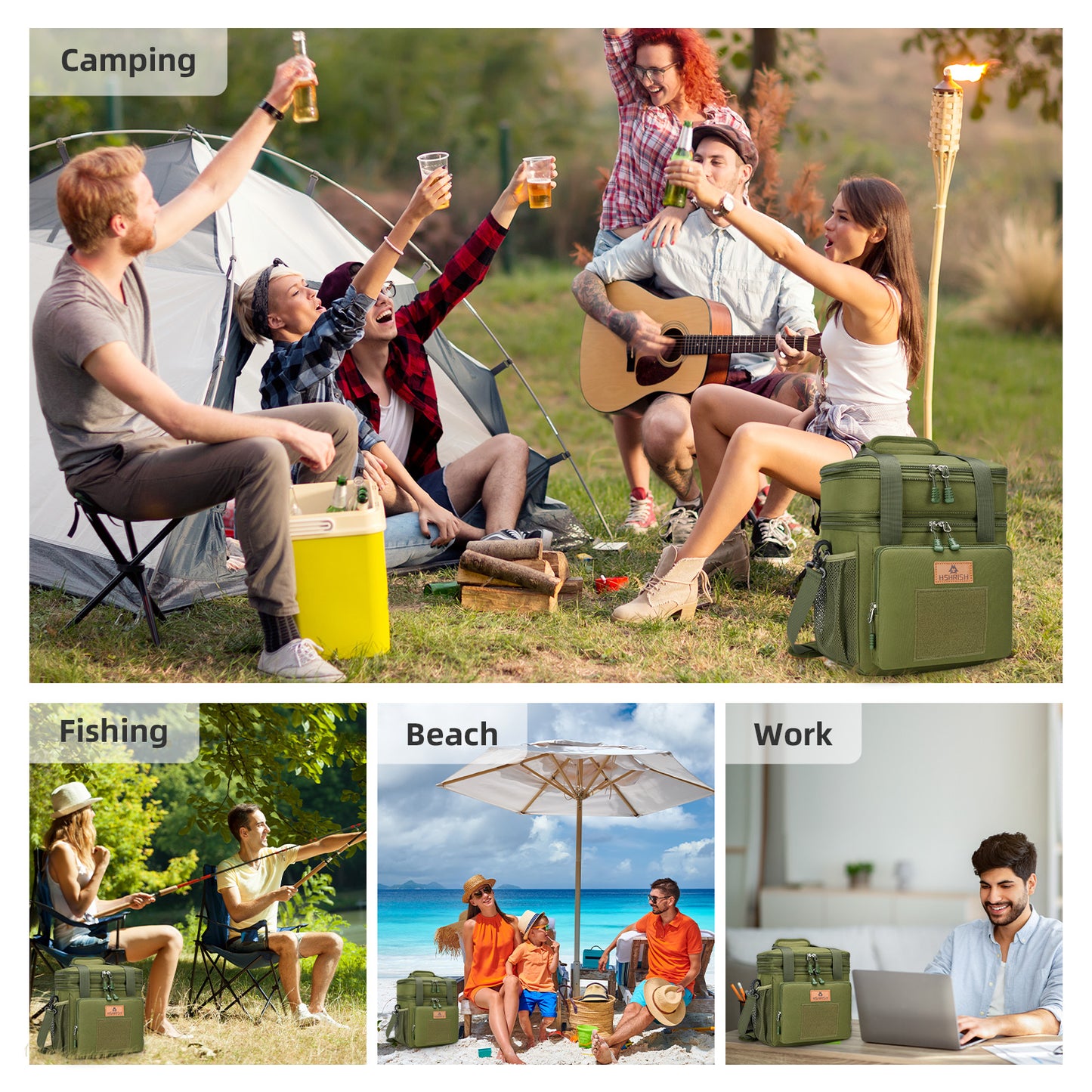 Holuxer Large Lunch Boxes for Men/Adults, Expandable Double-Deck Insulated Lunch Bag with Shoulder Strap, Soft Leakproof Cooler Bags for Work Outdoor Picnic Trips, 20 Can/16L, Green, Mesh