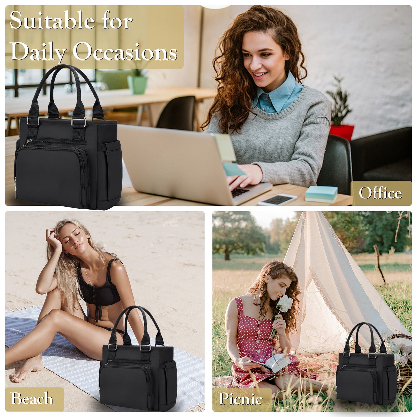 Holuxer Insulated Lunch Tote Bags for Women, Large Fashion Messenger Crossbody Shoulder Bag, Simple Ladies Cooler Purse Portable Leakproof Lunchbox Handbags for Work/Picnic (Black 12L)
