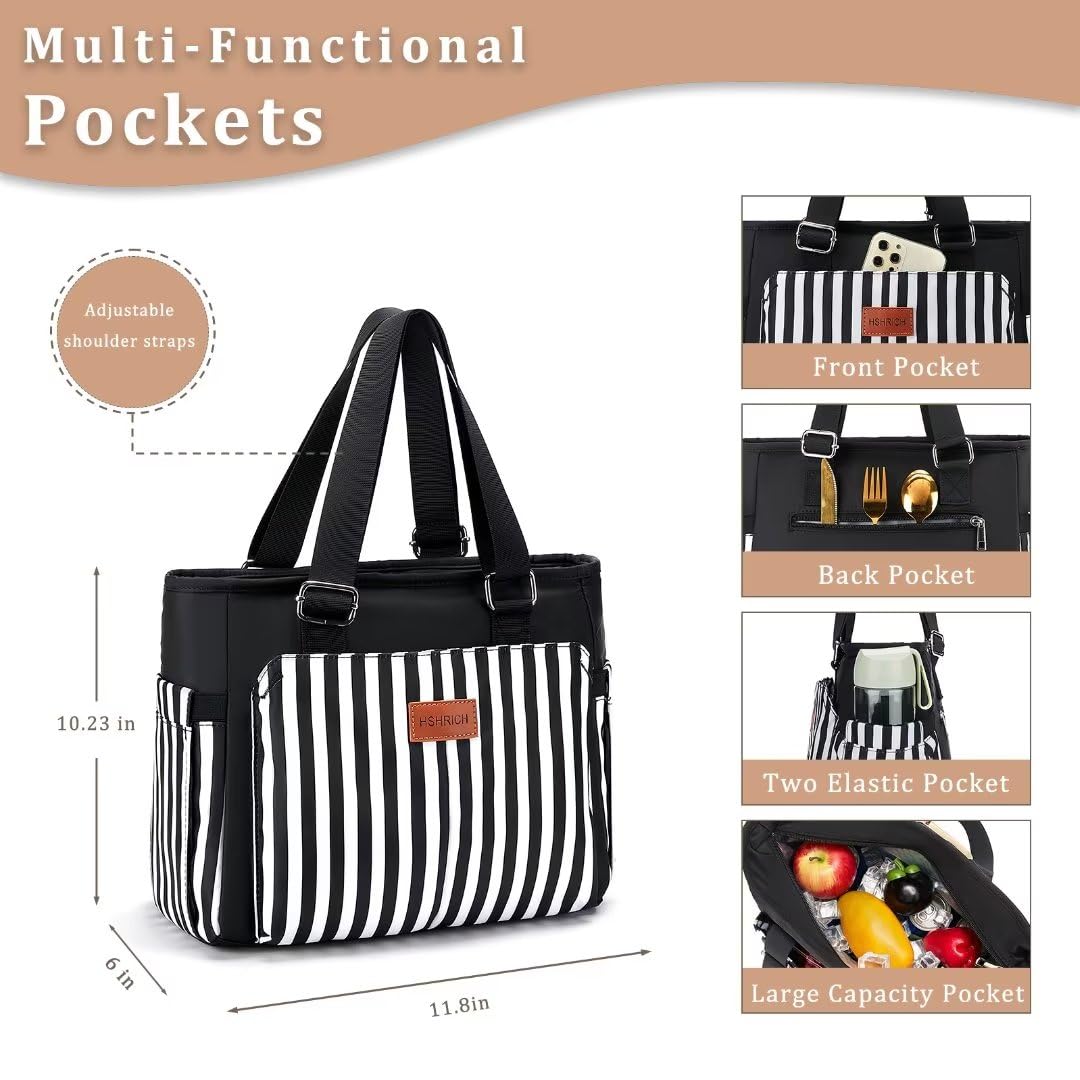 Insulated Women Lunch Bags for Work, Reusable Large Lunch Boxes for Womens, Leakproof Coolers Tote Bag Fashion Shoulder Purse for School Picnic, Stripe
