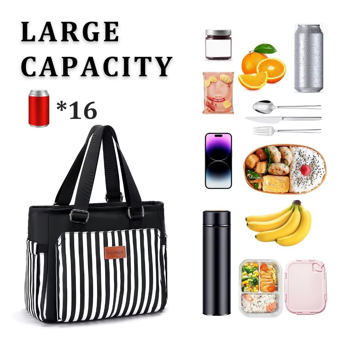 Insulated Women Lunch Bags for Work, Reusable Large Lunch Boxes for Womens, Leakproof Coolers Tote Bag Fashion Shoulder Purse for School Picnic, Stripe