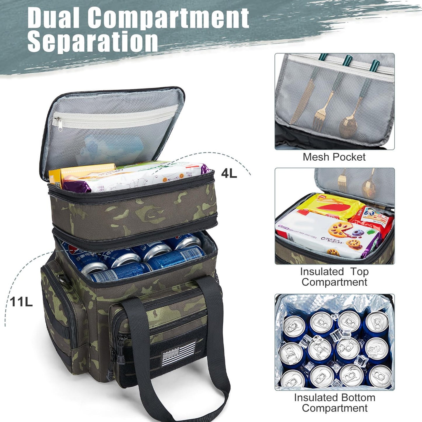 Holuxer Large Lunch Boxes for Men/Adults, Double Deck Expandable Camping Lunch Bag for Work Travel Daytrip Picnic Outdoor, Insulated Leakproof Cooler Bags with Flag Adjustable Shoulder Strap Camo