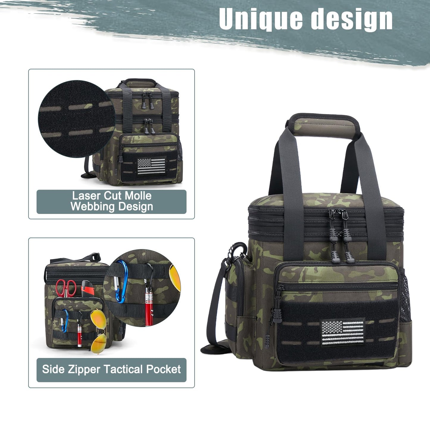 Holuxer Large Lunch Boxes for Men/Adults, Double Deck Expandable Camping Lunch Bag for Work Travel Daytrip Picnic Outdoor, Insulated Leakproof Cooler Bags with Flag Adjustable Shoulder Strap Camo