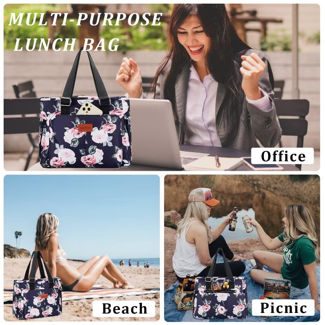 Holuxer Insulated Lunch Box for Women, 12L Lunch Totes Handbags for Works, Leakproof Shoulder Bags, Fashion Tote Cooler Bag with Storage Front Pocket for Picnic, Peony