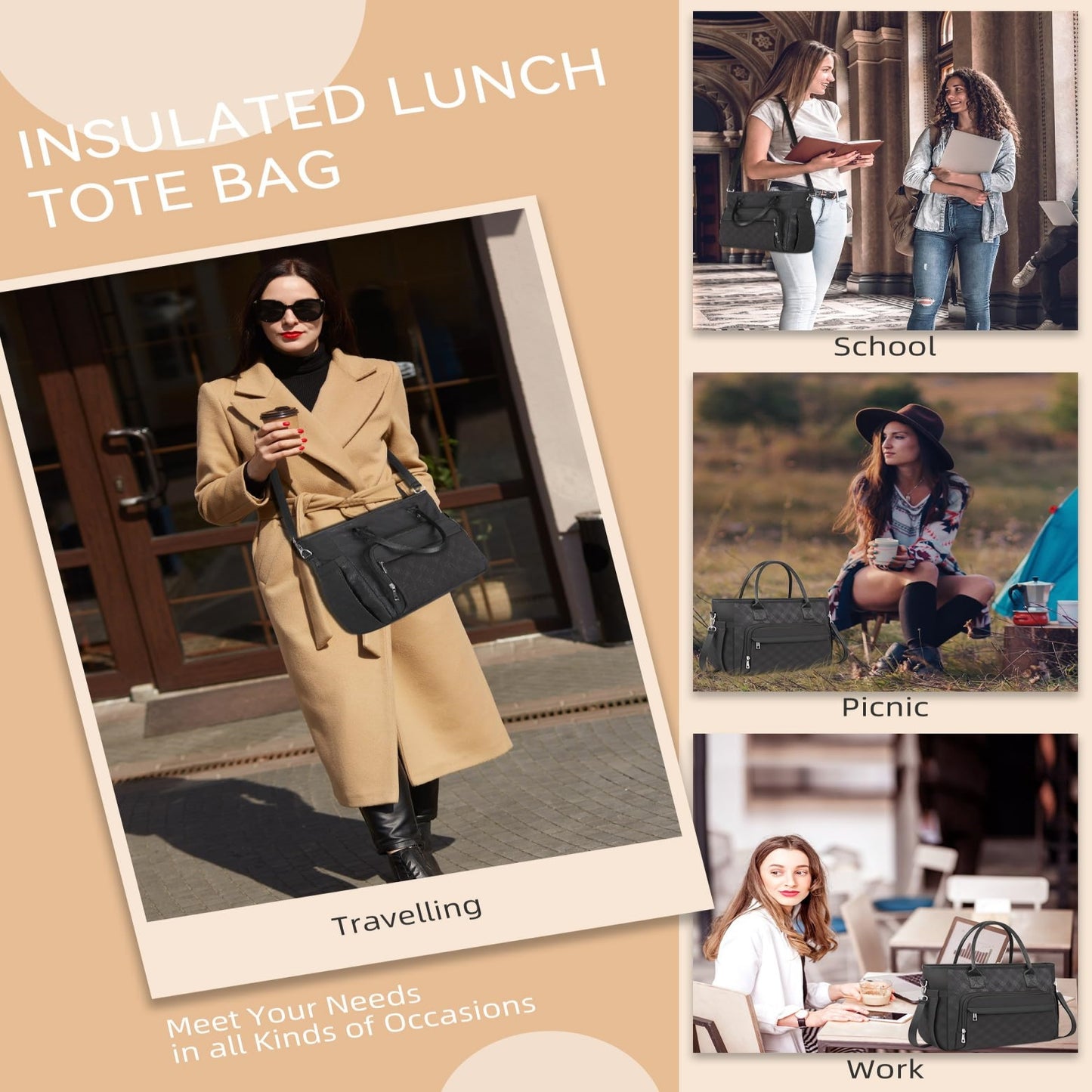 Holuxer Insulated Lunch Bags for Women, Large Fashion Lunch Tote Bag, Reusable Portable Tote Handbag, Leakproof Cooler Bags Weekender Pocket Handbags for Work Picnic Outdoor 10L, Black-Rhombic Plaid
