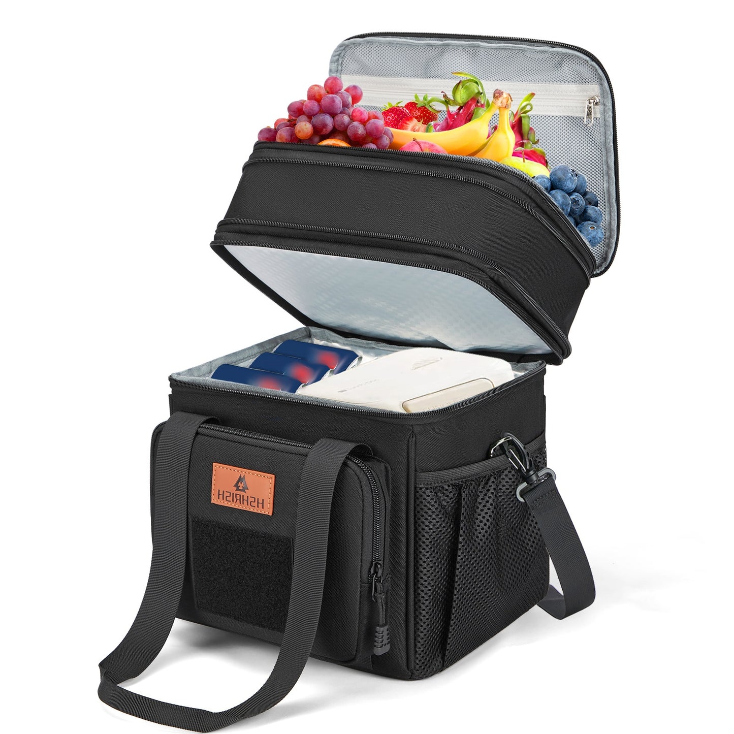 Holuxer Large Insulated Lunch Box for Men/Adults, Expandable Double-Deck Lunch Bag Durable with Shoulder Strap, Soft Leakproof Cooler Bags for Work Outdoor Picnic Trips, 20 Can/16 L, Black, Mesh