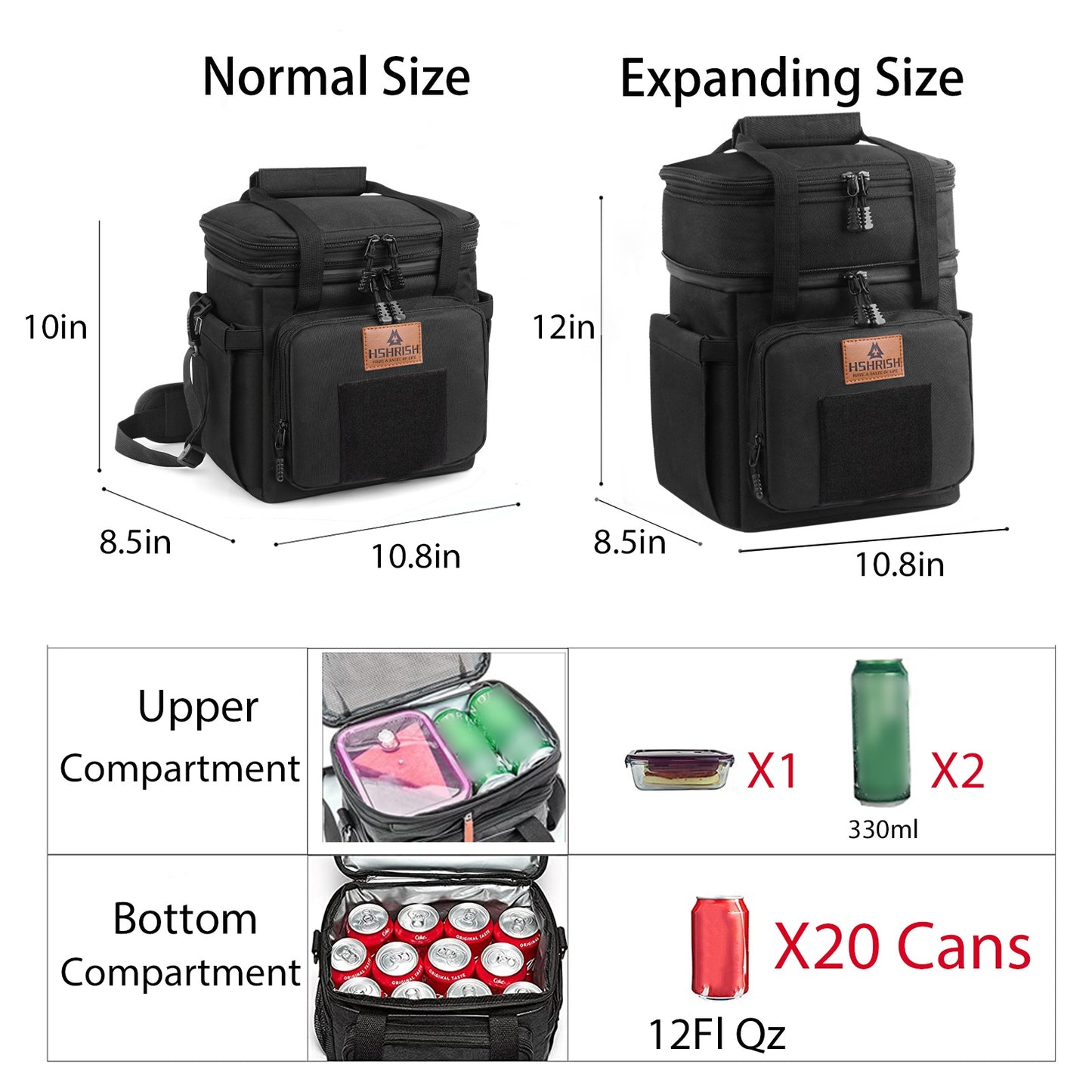Holuxer Tactical Lunch Bags, Large Expandable Insulated Lunch Box, Durable Waterproof Leakproof Cooler Bag for Adults/Men/Women/Work Outdoor Beach Trips, 20 Cans/15 L, Black