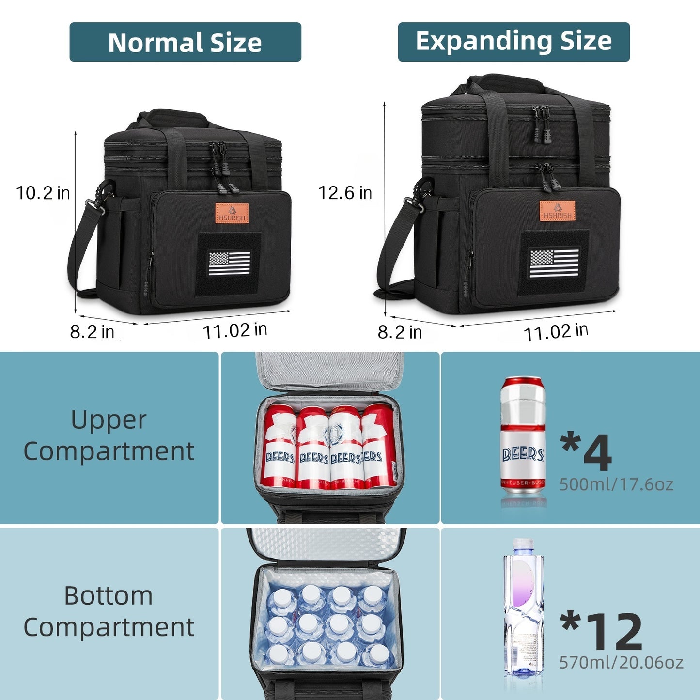 Holuxer Tactical Lunch Bags for Men, Large Expandable Insulated Lunch Box with Flag, Durable Waterproof Leakproof Cooler Bag for Adults/Women/Work Outdoor Beach Trips, 20 Cans/16 L, Black