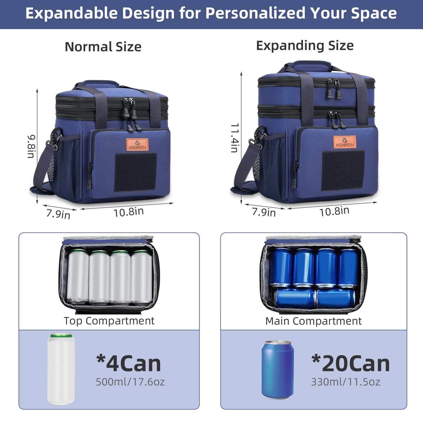 Holuxer Large Lunch Boxes for Men/Adults, Expandable Double-Deck Insulated Lunch Bag with Shoulder Strap, Soft Leakproof Cooler Bags for Work Outdoor Picnic Trips, 20 Can/16L, Blue, Mesh