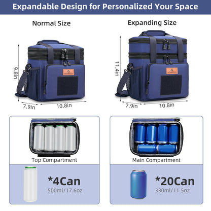Holuxer Large Lunch Boxes for Men/Adults, Expandable Double-Deck Insulated Lunch Bag with Shoulder Strap, Soft Leakproof Cooler Bags for Work Outdoor Picnic Trips, 20 Can/16L, Blue, Mesh
