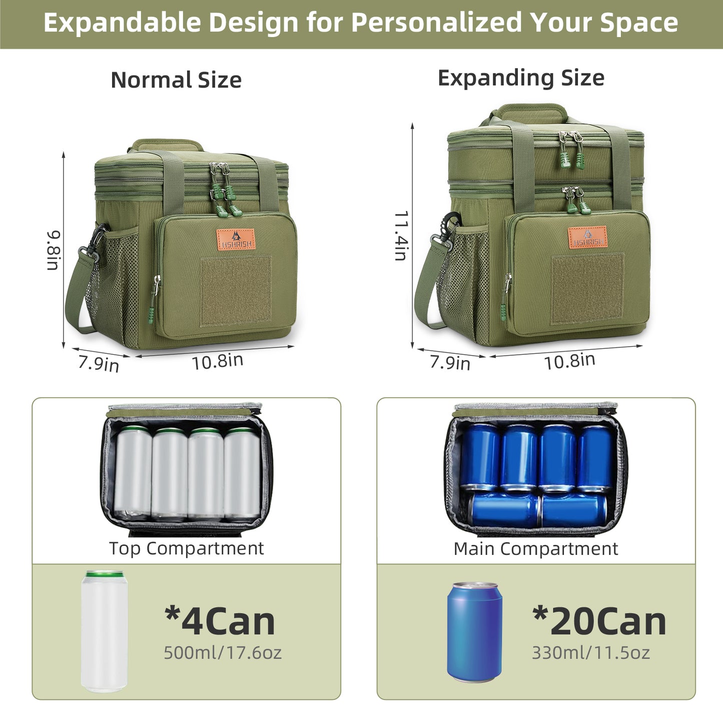 Holuxer Large Lunch Boxes for Men/Adults, Expandable Double-Deck Insulated Lunch Bag with Shoulder Strap, Soft Leakproof Cooler Bags for Work Outdoor Picnic Trips, 20 Can/16L, Green, Mesh