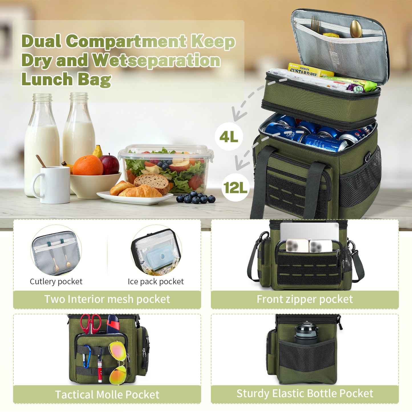 Holuxer Lunch Box for Men, 24 Can Double Deck Expandable Tactical Mens Lunch Bag for Work Travel Daytrip Picnic Camping, Large Capacity Cooler Bags with Adjustable Shoulder Strap, Green