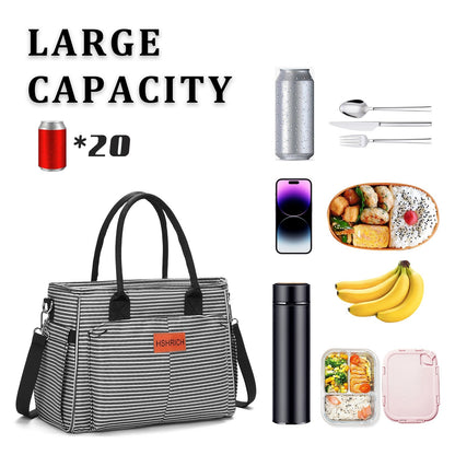 Holuxer Large Lunch Bag for Women, Insulated Lunchbox for Work, Leakproof Cooler Purse with Side Pockets & Removable Shoulder Strap Womens Lunch Tote Bag for Picnic Beach Cute Lunch Bags, Stripe