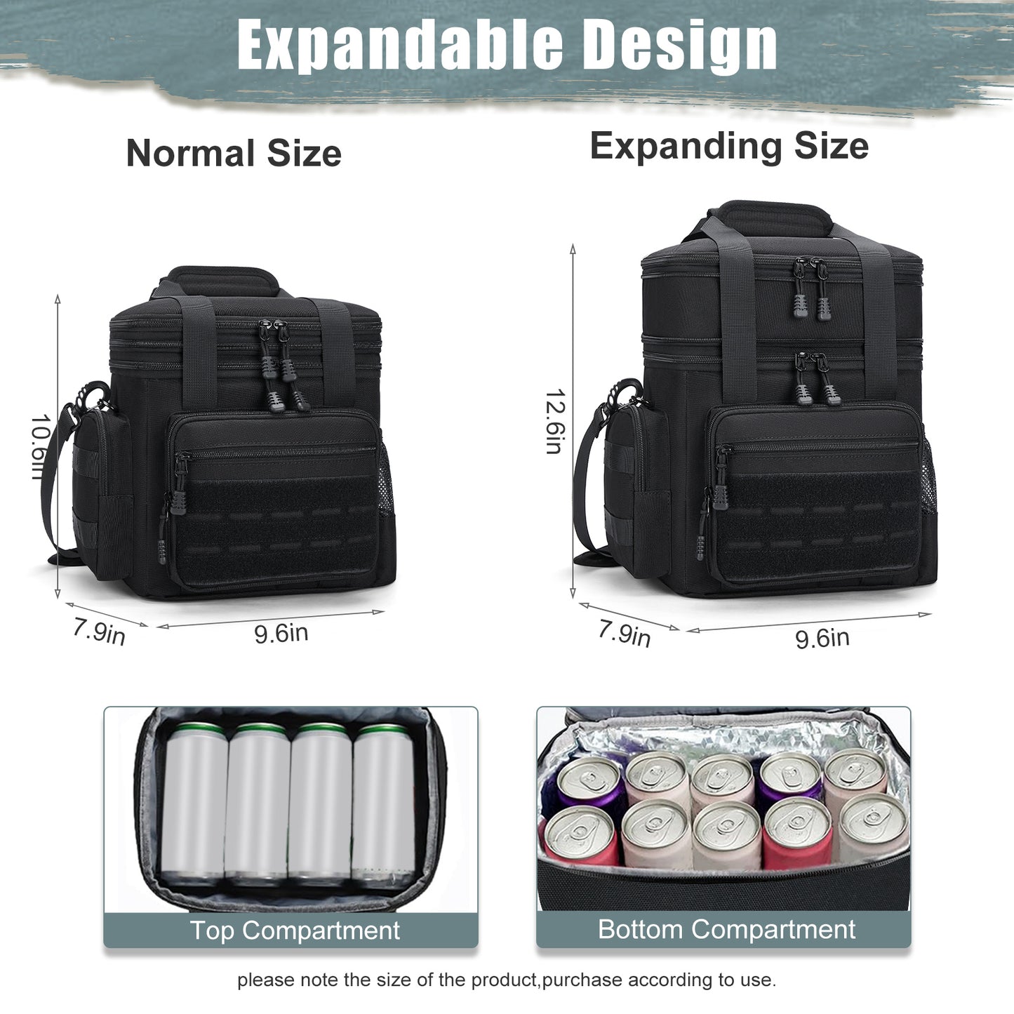 Holuxer Insulated Tactical Lunch Box for Men, 24 Can Double Deck Expandable Lunch Bag for Work Travel Daytrip Picnic Camping, Large Fashion Cooler Bags with Adjustable Shoulder Strap Organizer Black