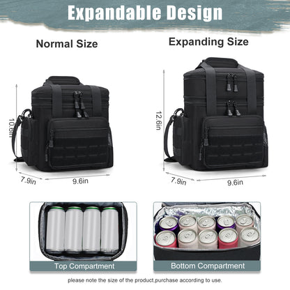 Holuxer Insulated Tactical Lunch Box for Men, 24 Can Double Deck Expandable Lunch Bag for Work Travel Daytrip Picnic Camping, Large Fashion Cooler Bags with Adjustable Shoulder Strap Organizer Black