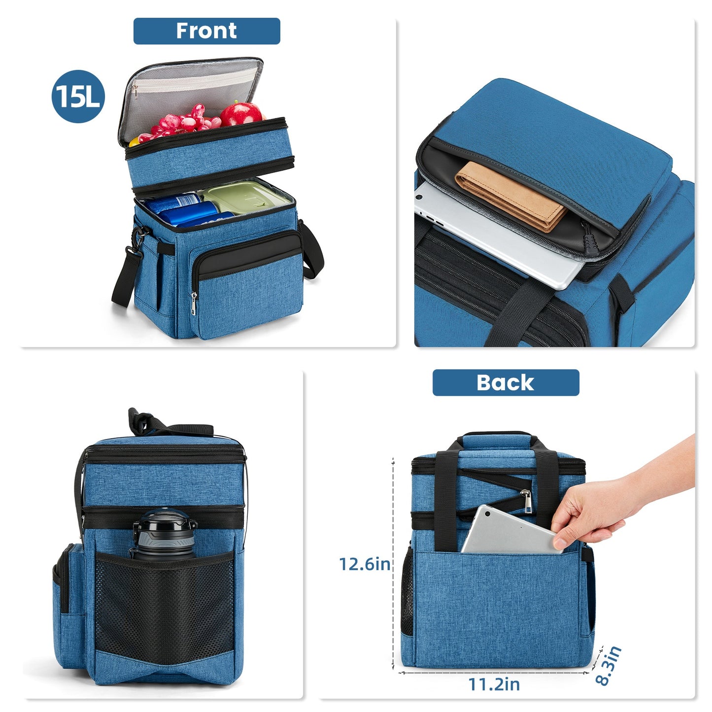 Holuxer Insulated Lunch Bags with Side Pocket for Women/Men-Double Deck Reusable Lunch Bag, Lunch Box Tote Cooler Bag Leakproof Soft Expandable-Large Lunchbox for Work/Adult/Picnic/Outdoor 15L-Blue