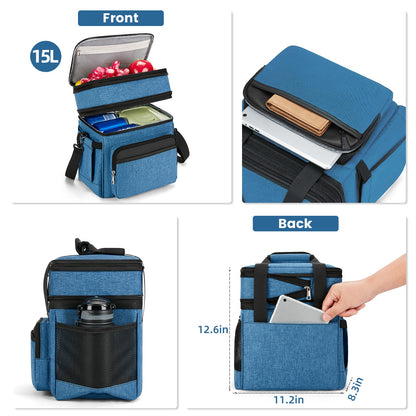 Holuxer Insulated Lunch Bags with Side Pocket for Women/Men-Double Deck Reusable Lunch Bag, Lunch Box Tote Cooler Bag Leakproof Soft Expandable-Large Lunchbox for Work/Adult/Picnic/Outdoor 15L-Blue