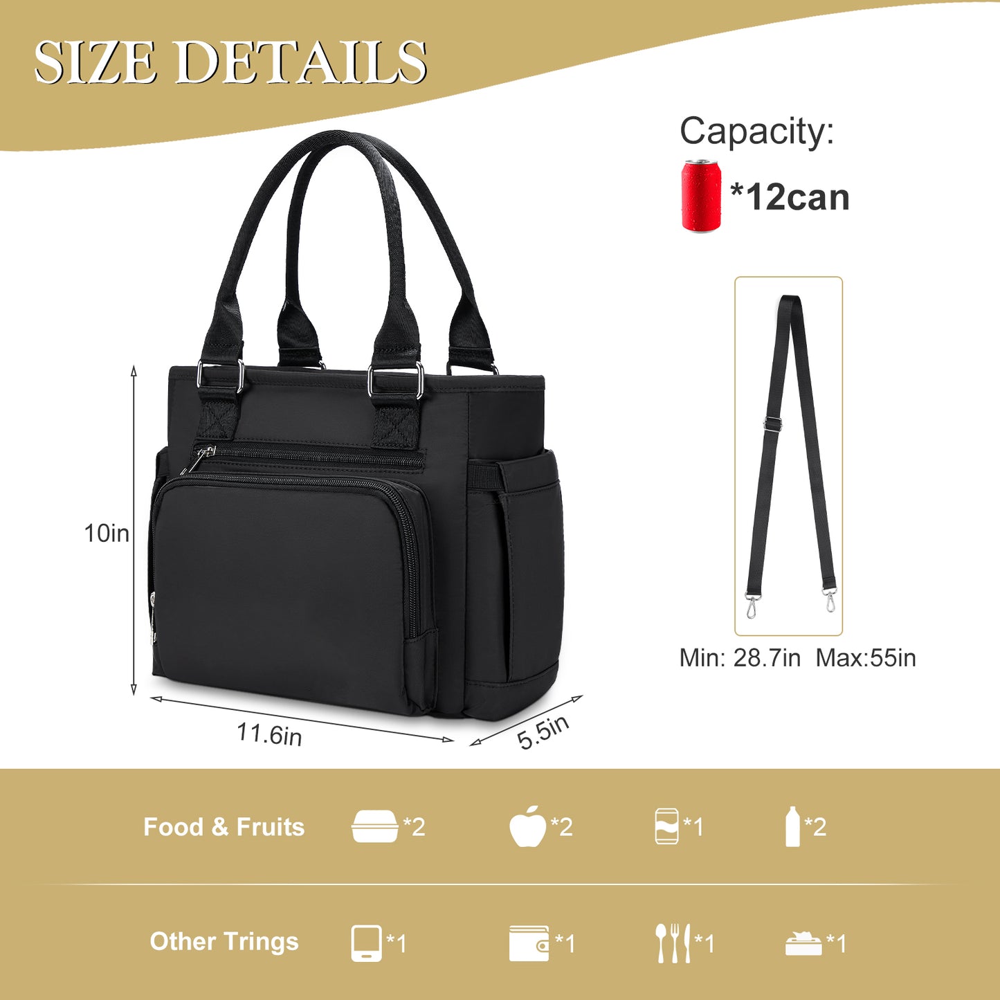 Holuxer Insulated Lunch Tote Bags for Women, Large Fashion Messenger Crossbody Shoulder Bag, Simple Ladies Cooler Purse Portable Leakproof Lunchbox Handbags for Work/Picnic (Black 12L)