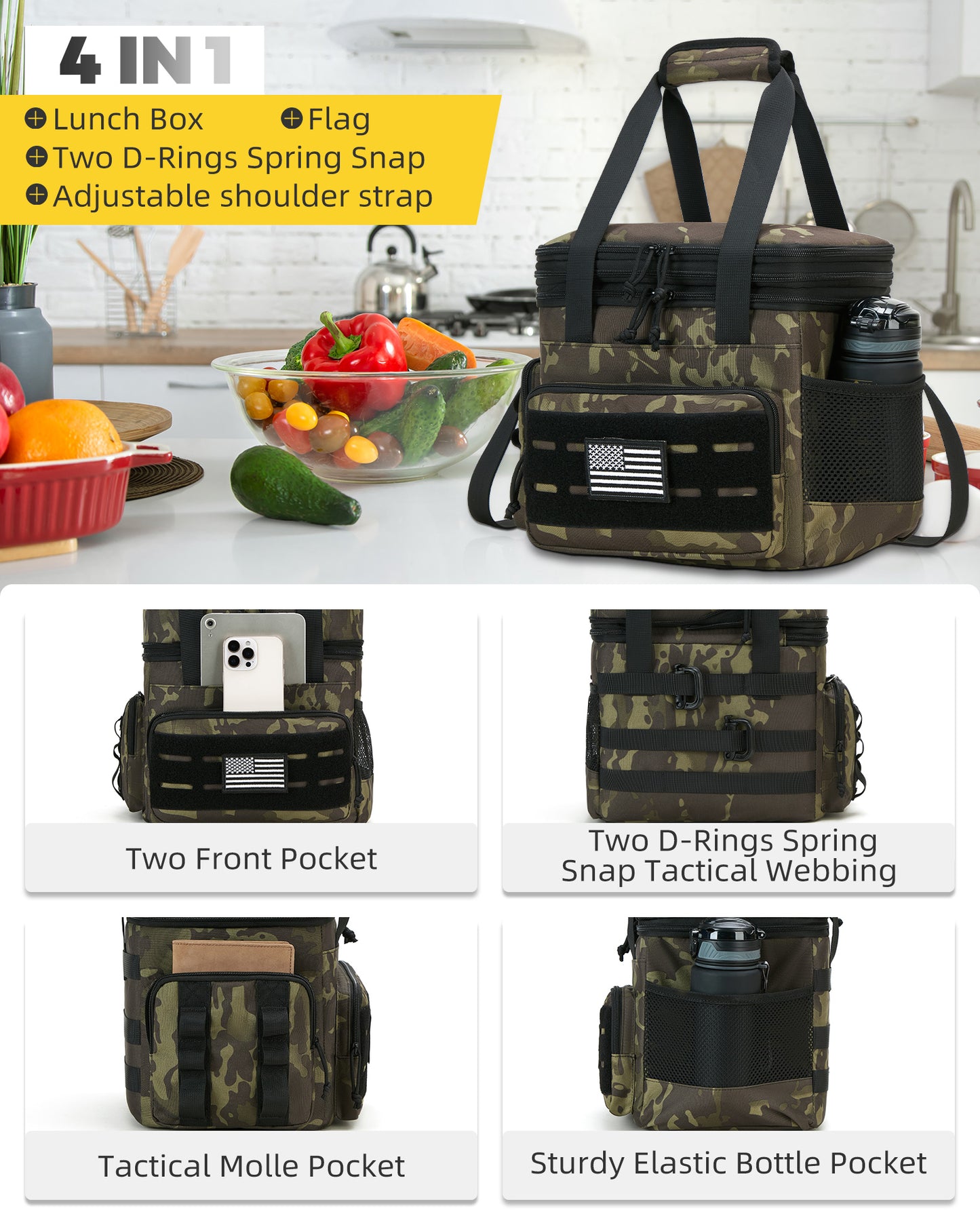 Holuxer Tactical Lunch Bag & Lunch Box for Men - Large Double Deck Insulated Adult Lunchbox for Work - Soft Expandable Lunch Cooler Bag for Beach Picnic Camping Outdoor Travel (Camo,16L)