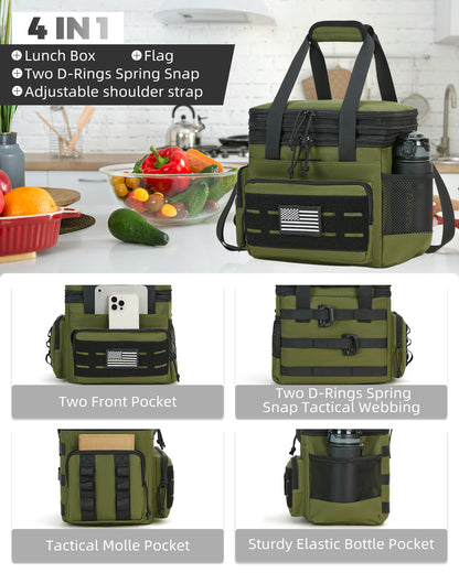 Holuxer Tactical Lunch Box & Lunch Bag for Men - Large Double Deck Insulated Adult Lunchbox for Work - Soft Expandable Lunch Cooler Bag for Beach Picnic Camping Outdoor Travel (Green,16L)