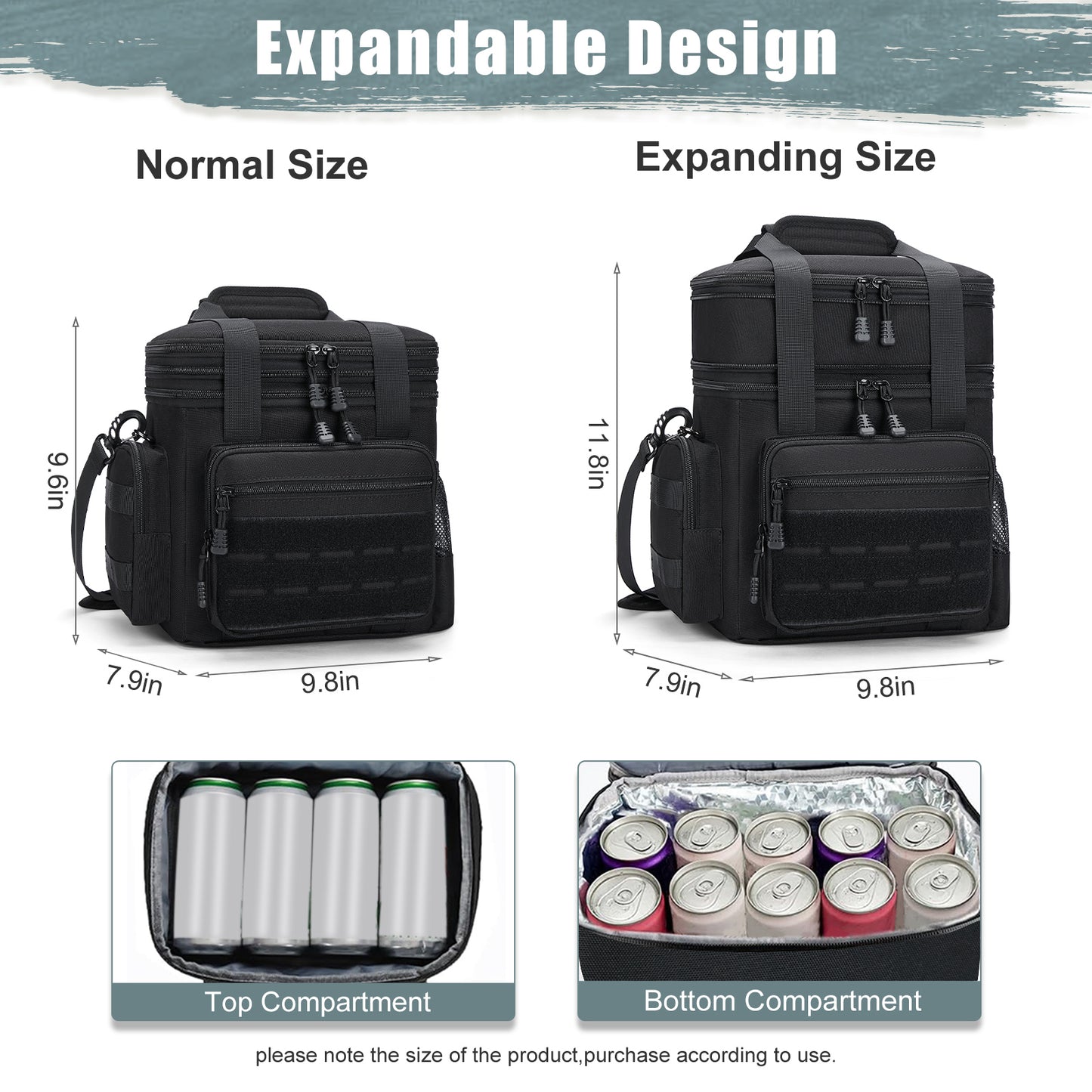 Holuxer Insulated Tactical Lunch Box for Men, 24 Can Double Deck Expandable Lunch Bag for Work Travel Daytrip Picnic Camping, Large Fashion Cooler Bags with Adjustable Shoulder Strap Organizer Black