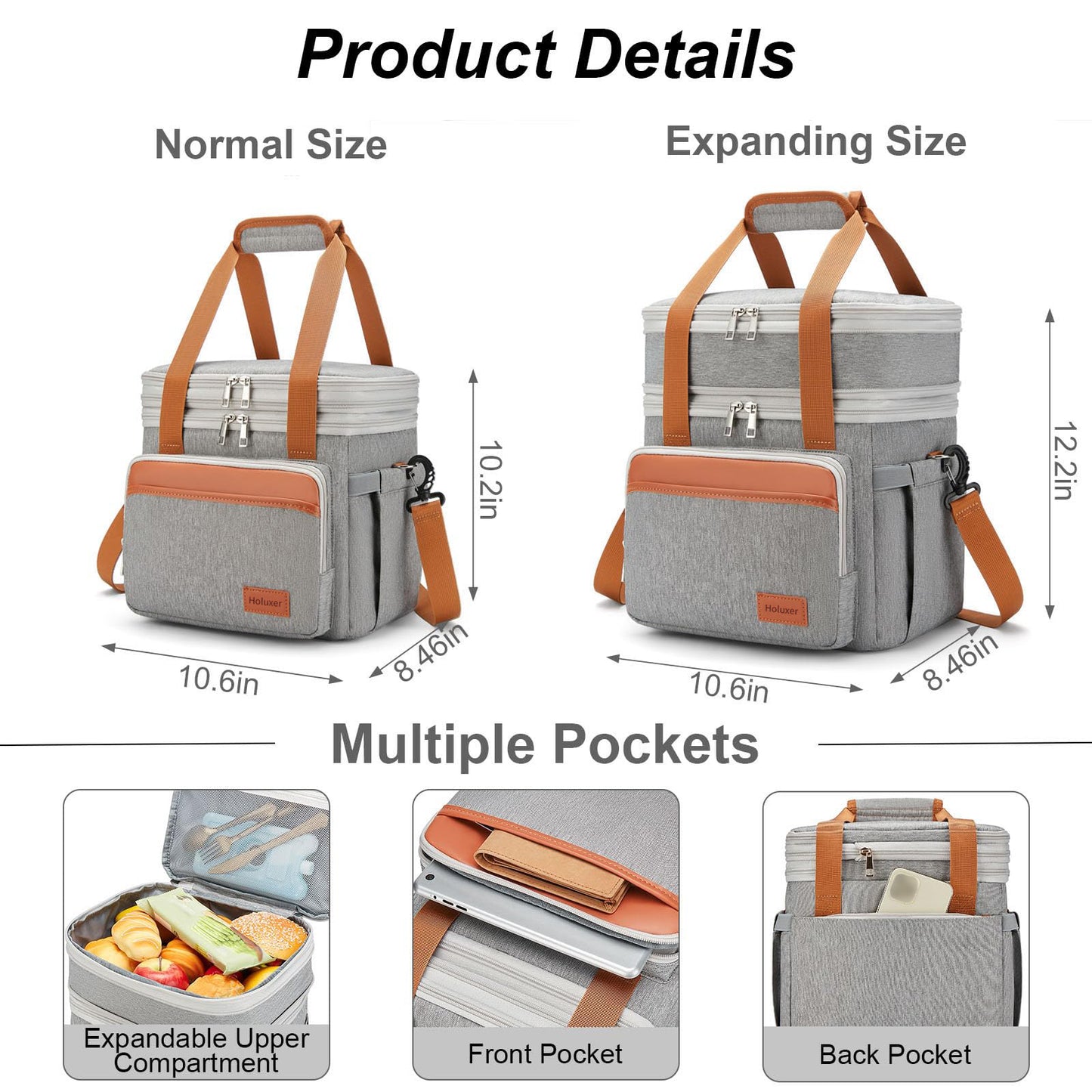 Holuxer Insulated Lunch Box for Men Lunch Bags, Expandable Large Lunchbox for Work Picnic Office, Outdoor Reusable Double Deck Coolers Tote for Adults Gray 15L