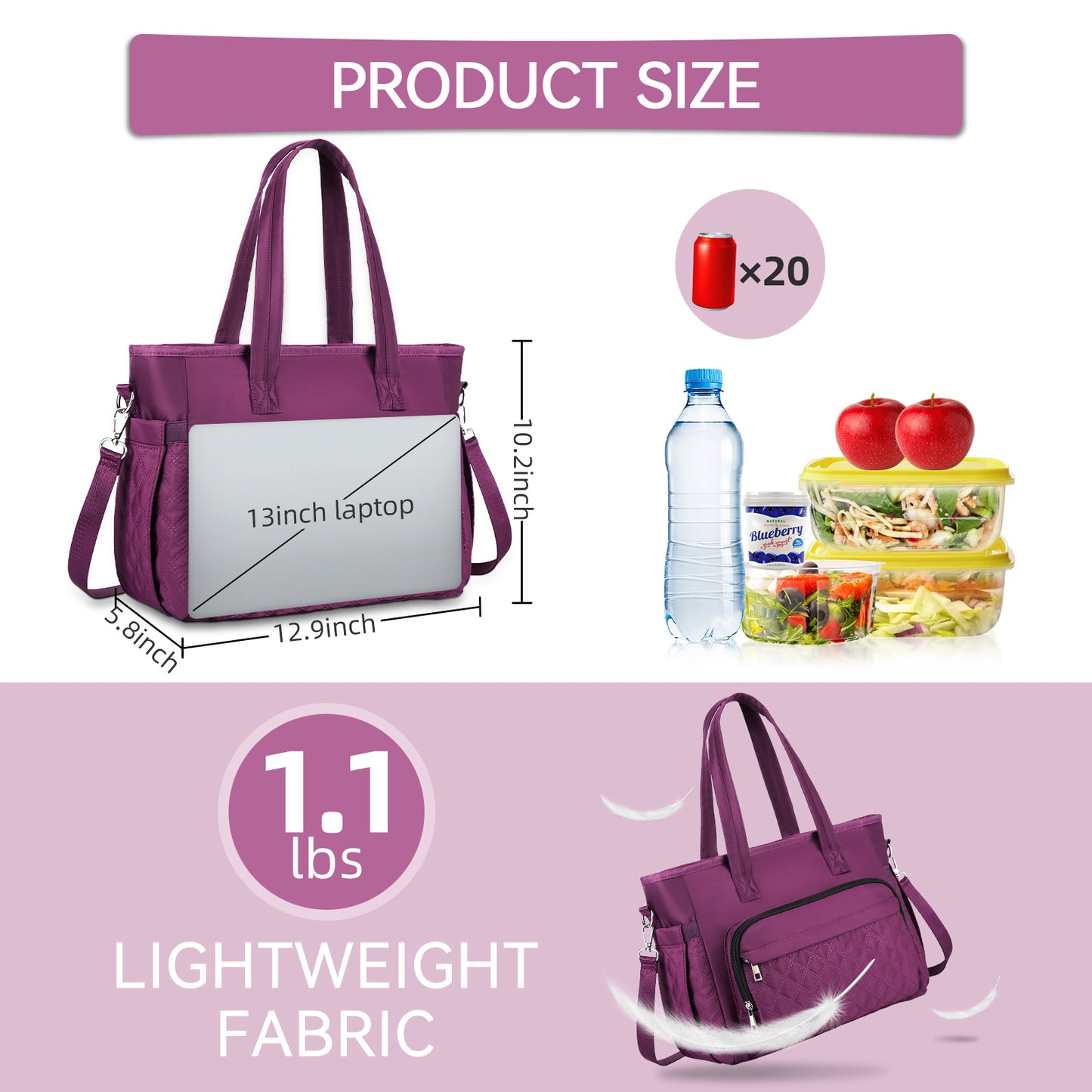 Holuxer Large Lunch box for Women, Insulated Lunch Tote Bag, Reusable Portable Woman Lunch Boxes, Leakproof Cooler Bags Weekender Pocket Fashion Lunchbox Handbags for Work Picnic Beach, Purple