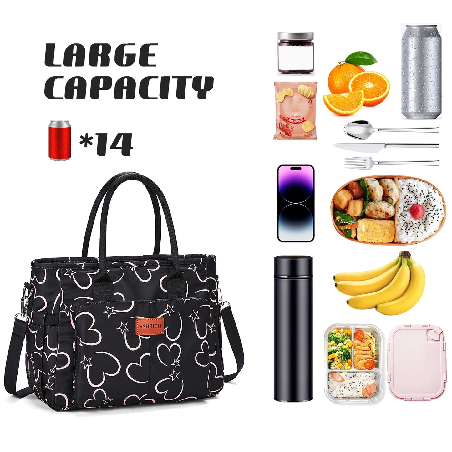 Holuxer Cute Lunch Bags for Women, Insulated Lunch Box for Work, Large Leakproof Cooler Purse with Side Pockets & Removable Shoulder Strap Womens Handbag Tote Bag for Shopping Picnic Beach (Love)