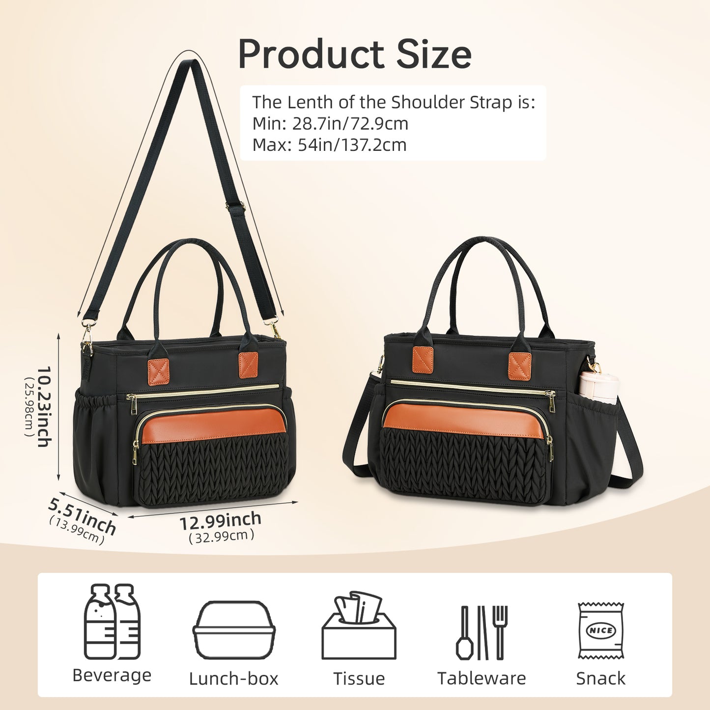 Holuxer Large Lunch Bag for Women 14L Insulated Lunch Box for Work, Freezable Leakproof Cooler Tote Bags with Shoulder Strap, 1 Count (Black Brown)