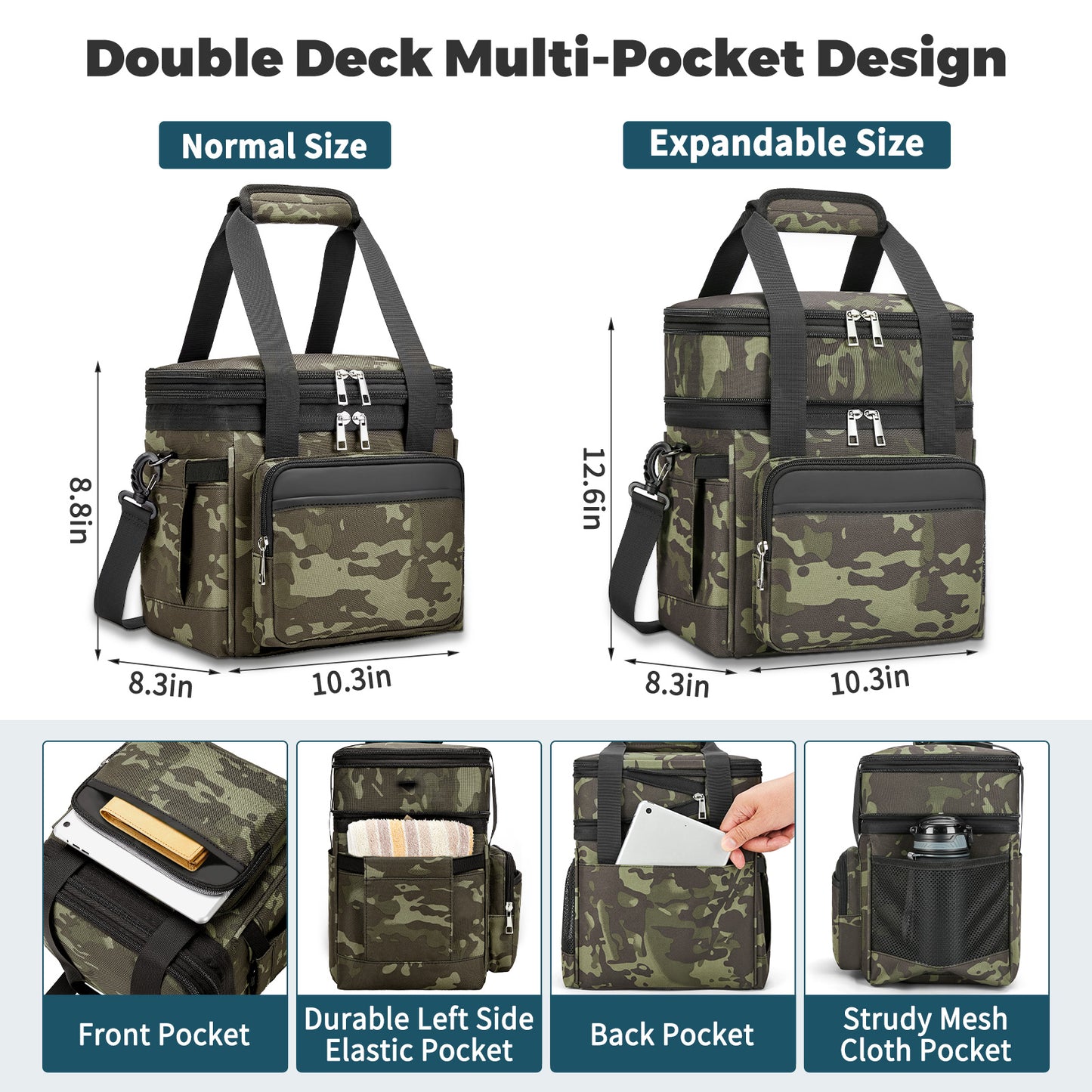 Holuxer Insulated Lunch Bag with Side Pocket for Women/Men-Double Deck Reusable Lunch Bags, Lunch Box Tote Cooler Bag Leakproof Soft Expandable-Large Lunchbox for Work/Adult/Picnic/Outdoor 15L-Camo