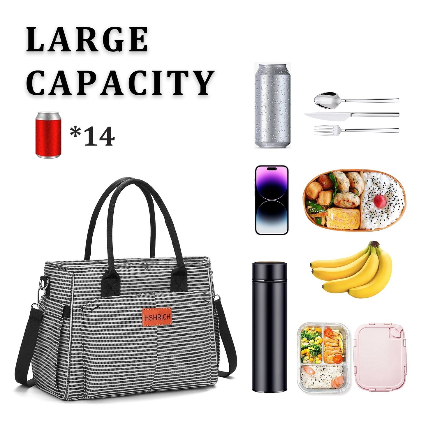 Holuxer Lunch Box for Women Cute Insulated Lunch Bags, Large Leakproof Cooler Purse with Side Pockets & Removable Shoulder Strap Womens Lunch Tote Bag for Work Picnic Beach (Stripe)